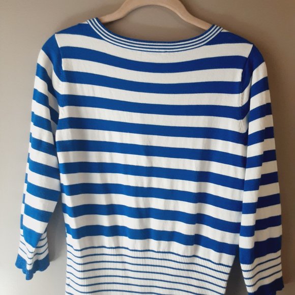 Belldini Striped Cardigan, V-neck, 3/4 Sleeve, Royal Blue & White | Medium - Picture 9 of 14